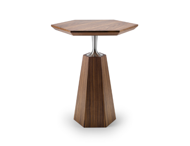 Wooden table with a geometric base and a round tabletop.