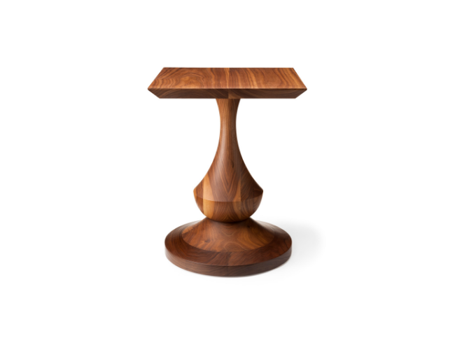 Wooden side table with a round base and a square top, carved from polished wood.
