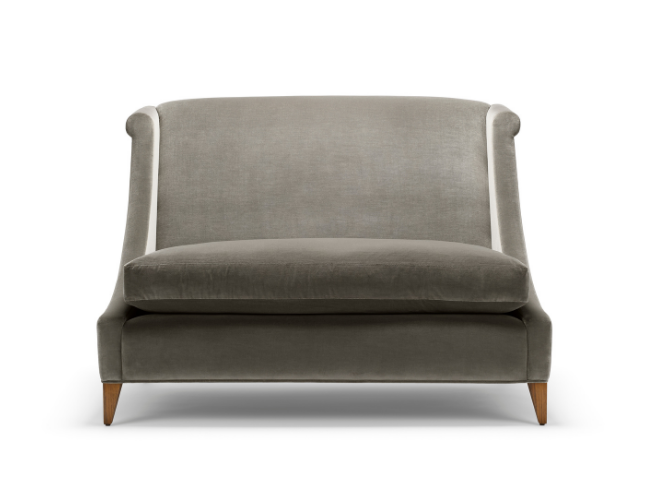 Gray upholstered loveseat with wooden legs against a plain white background.