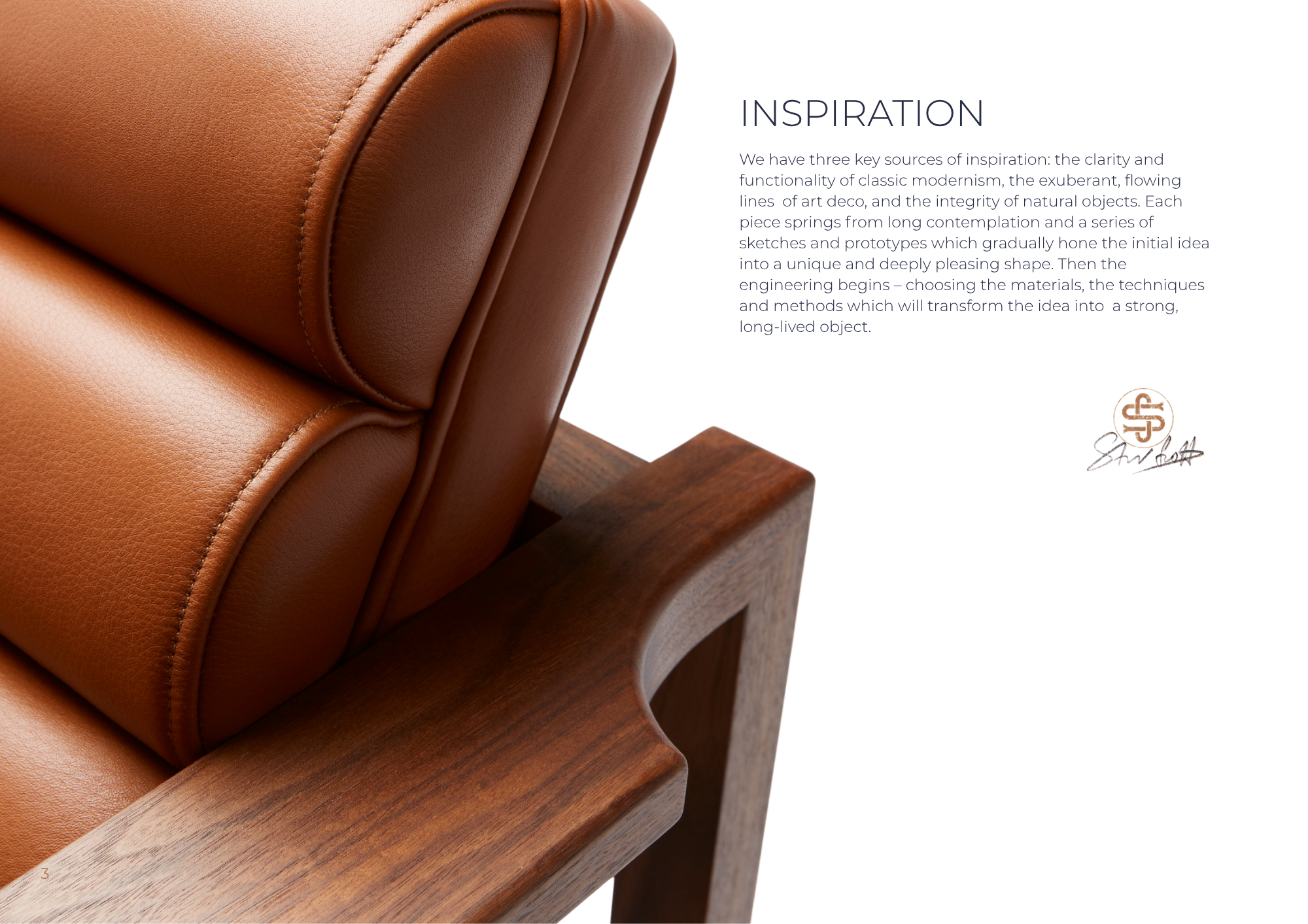 Close-up of a brown leather armchair with wooden frame and a white background, with text discussing sources of inspiration for design.
