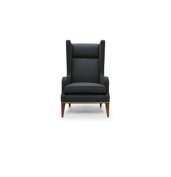 A black high-back armchair with wooden legs, facing forward against a white background.