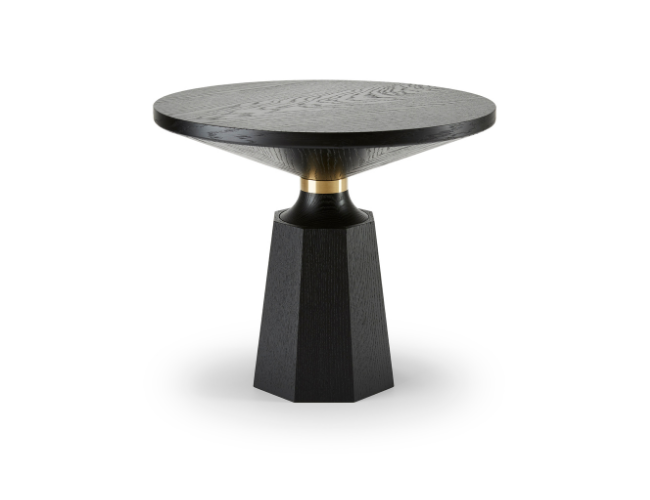 Black wooden side table with a round top and tapered base