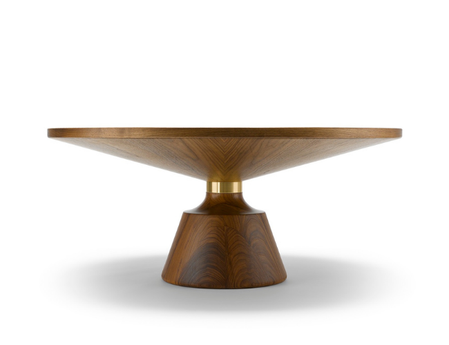 A modern wooden table with a conical base and round top, featuring a brass accent where the base meets the top.