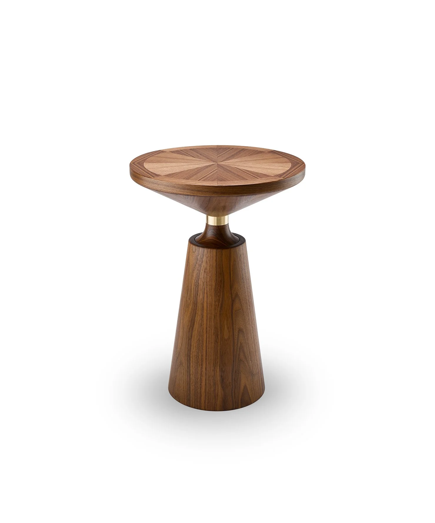 A wooden pedestal table with a round, geometric-patterned top and a conical base, set against a white background.