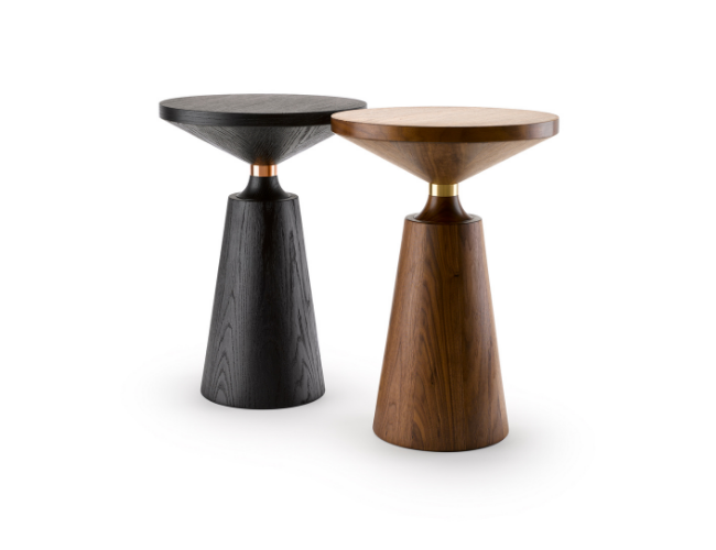 Two modern wooden side tables with circular tops and conical bases, one black and one brown, displayed against a white background.