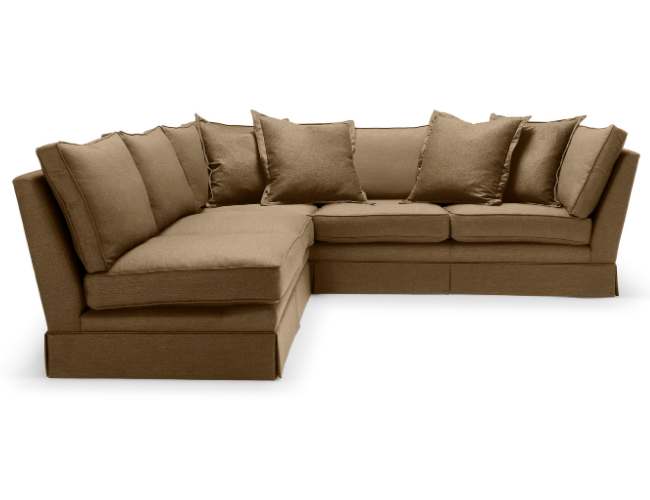 Beige sectional sofa with multiple cushions on a white background.