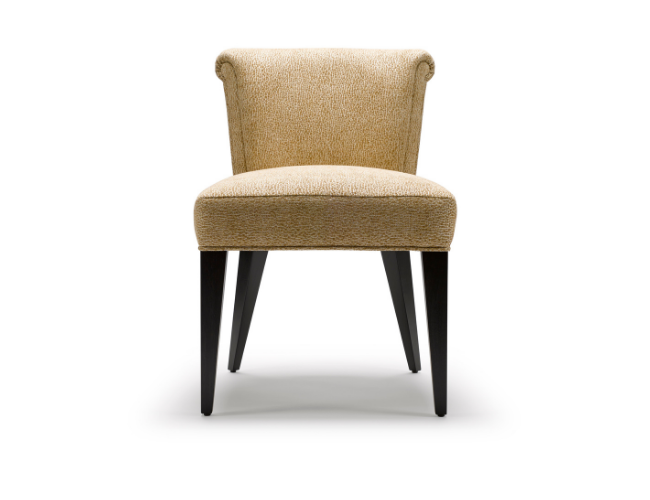 A beige upholstered chair with dark wooden legs against a white background.