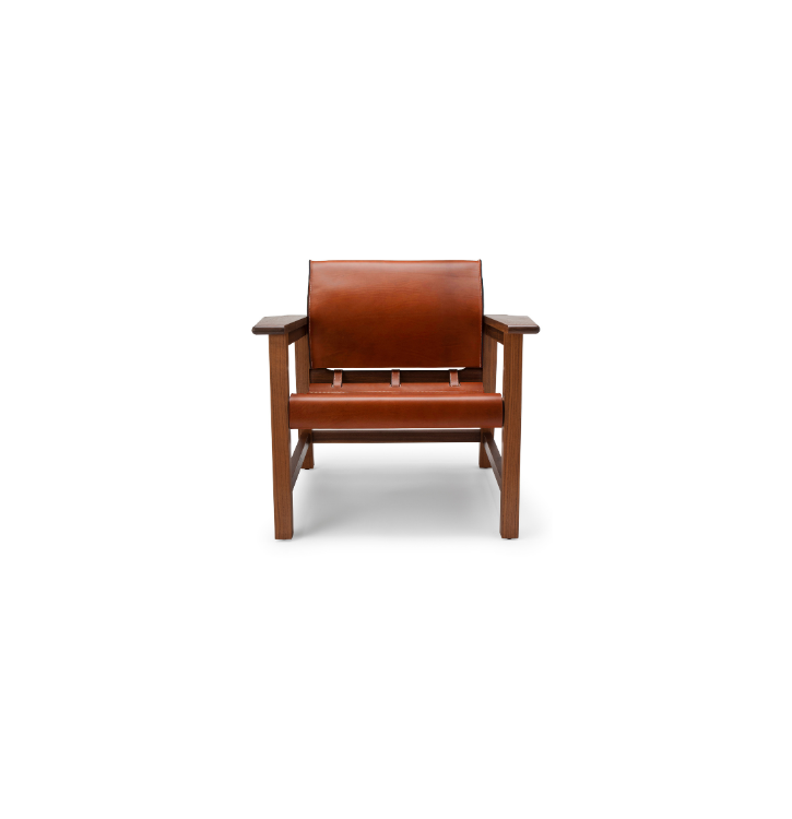 A wooden armchair with brown leather cushions and a modern, minimal design.