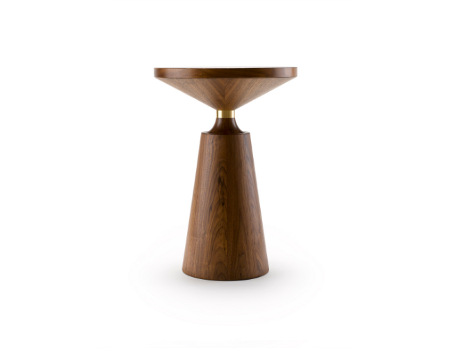 Wooden side table with a round top and conical base against a white background.