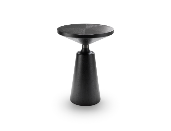 Black wooden side table with a round top and conical base