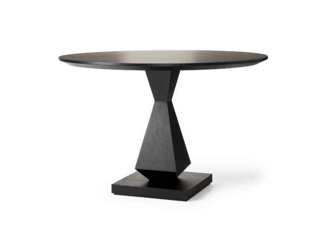 A round black pedestal table with a geometric base on a white background.