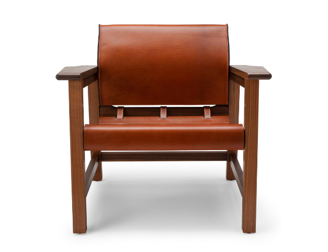 The Saddle Up Chair shown from the front with tan leather.
