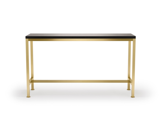 A modern table with a black top and gold-colored metal legs and frame.