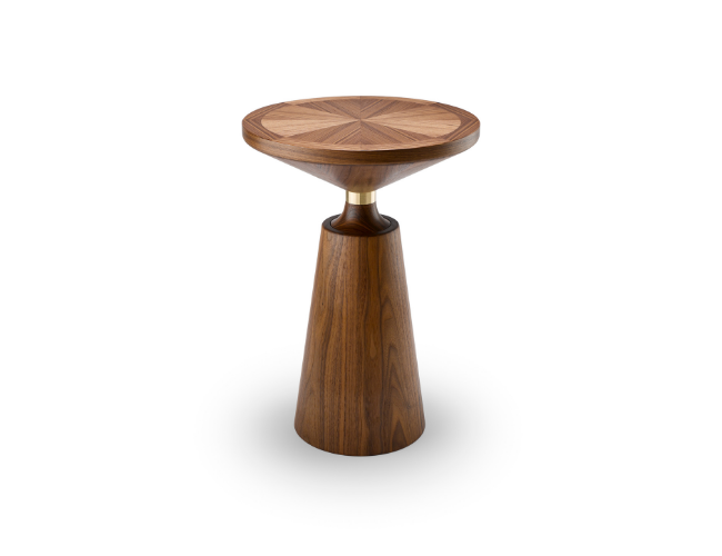 Wooden side table with a round top and conical base.