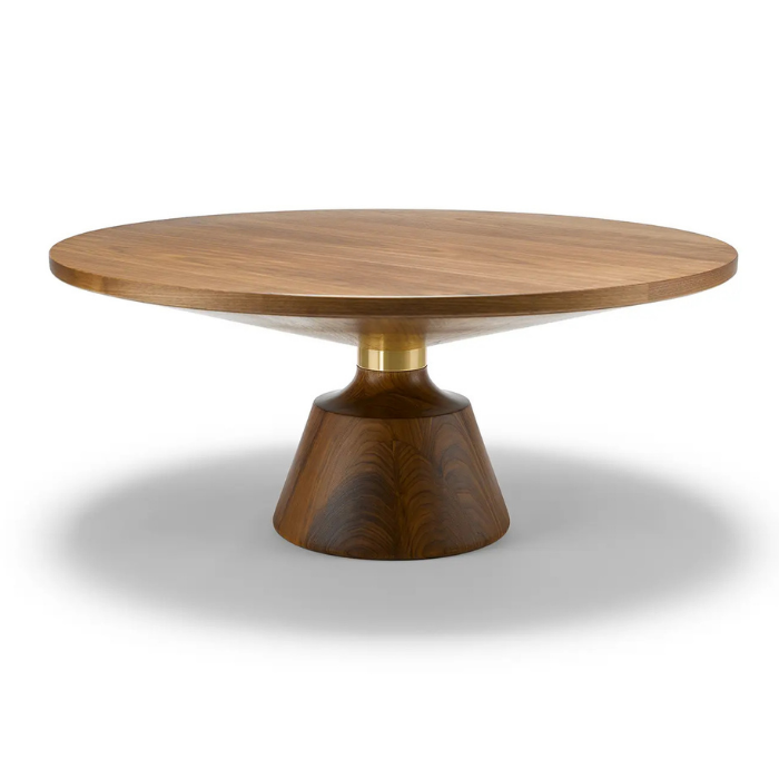 Wooden round table with a conical base and a gold accent in the middle, isolated on a white background.
