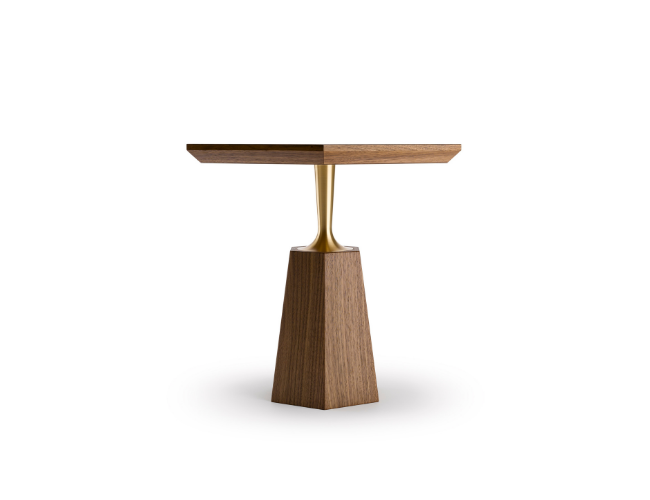 Modern wooden side table with a gold accent support and a square top.