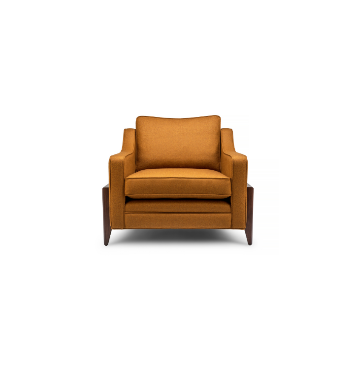 Orange upholstered armchair with wooden legs on white background.