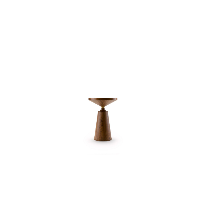 A small wooden side table with a round top and conical base, isolated on a white background.