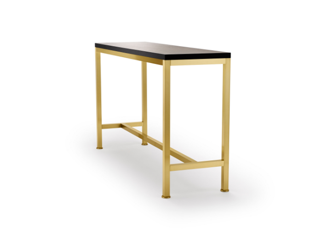 A black and gold high-top table with a black tabletop and gold metal frame on a white background.