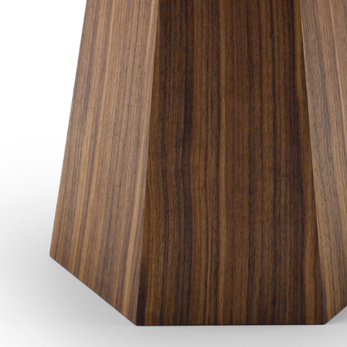 Close-up of a wooden furniture piece with a polished, dark wood finish and vertical grain.