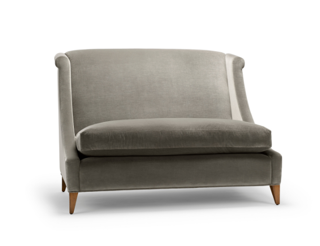 Gray upholstered loveseat with curved armrests and wooden legs.