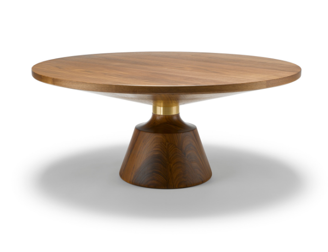 Wooden round table with a conical base and brass accent in the center.
