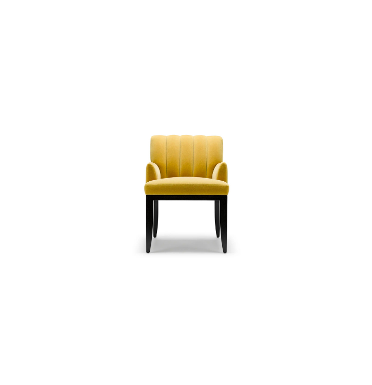 Yellow upholstered armchair with black legs on a white background.