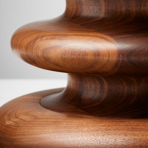 Close-up of a wooden furniture piece with smooth, curved surfaces and wood grain patterns.