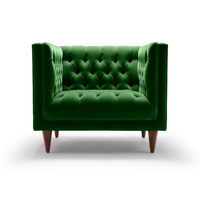 Green deep buttoned Tux armchair with wooden legs on a white background.