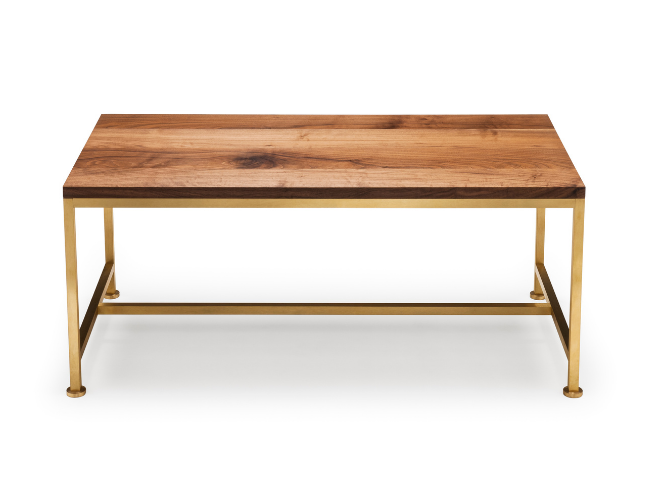 Wooden table with metal legs on a white background.
