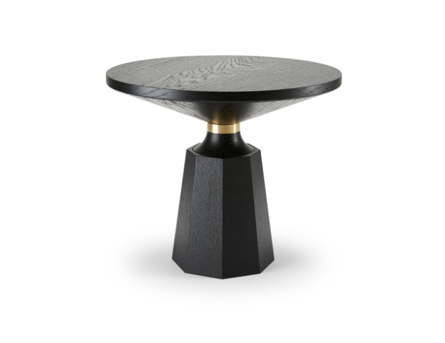Black wooden side table with a round top and a tapered base against a white background.