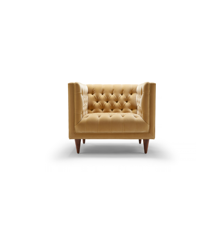 Beige upholstered armchair with tufted back and seat, wooden legs, on a white background.