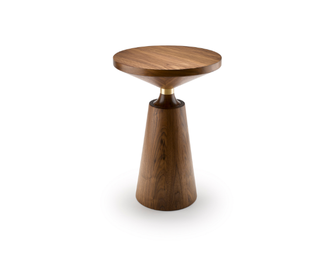 Wooden side table with a round top and a tapered base.