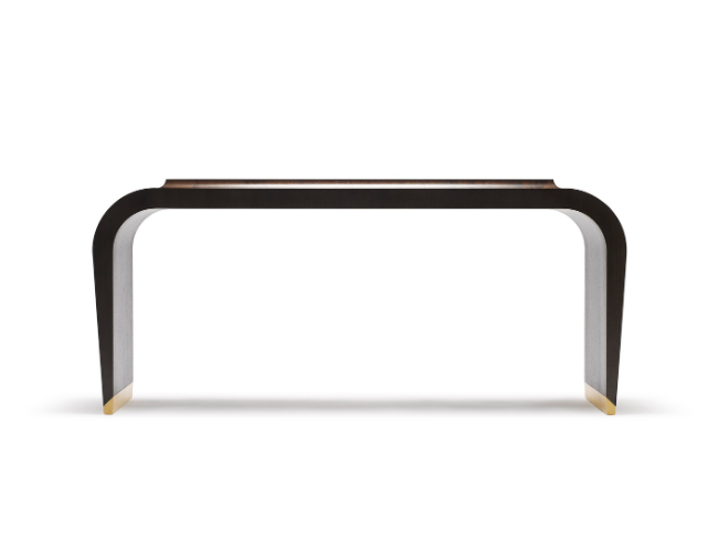 Modern minimalist desk with curved black legs and a wooden top