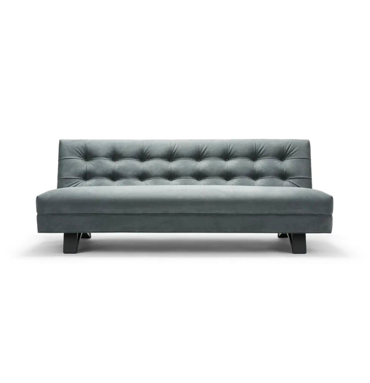 Gray modern sofa with tufted backrest on black wooden legs, against a white background.