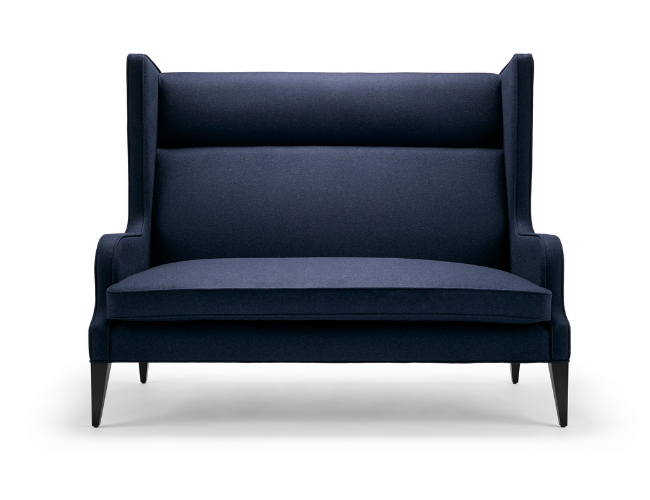 A navy blue upholstered sofa with high back and wooden legs, set against a white background.