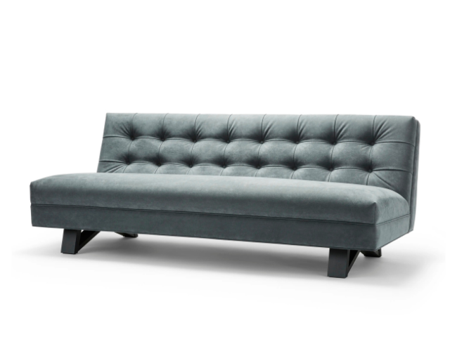 Gray modern sofa with tufted backrest and angled black legs.