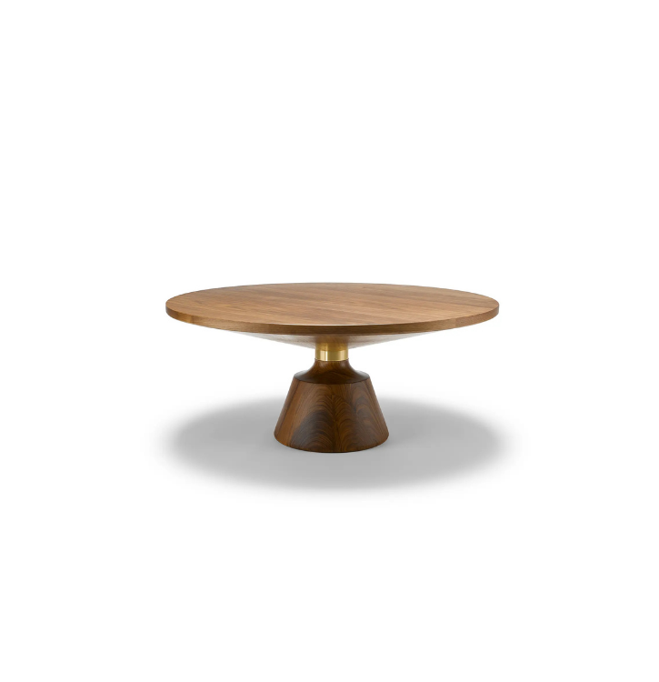 Round wooden coffee table with a pedestal base on a white background.