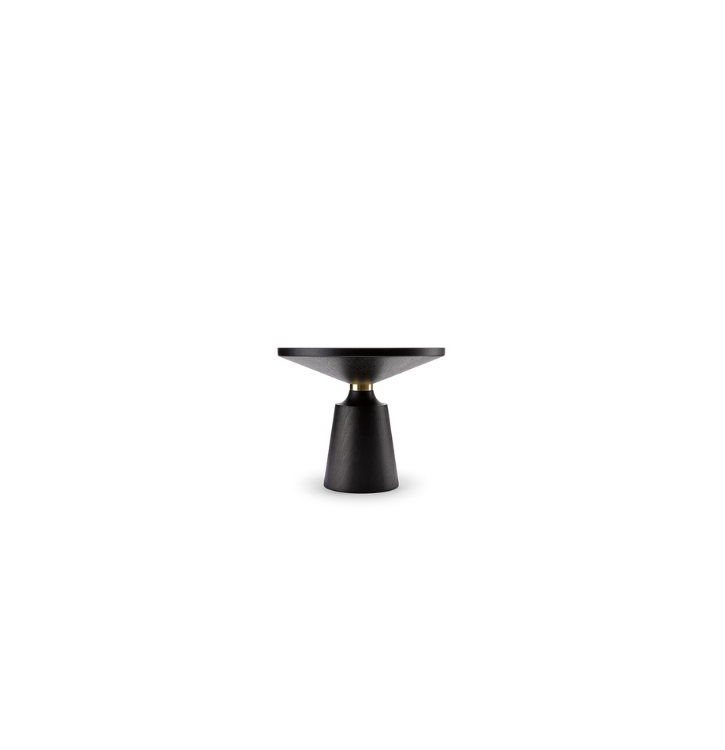 A modern black side table with a round top and conical base