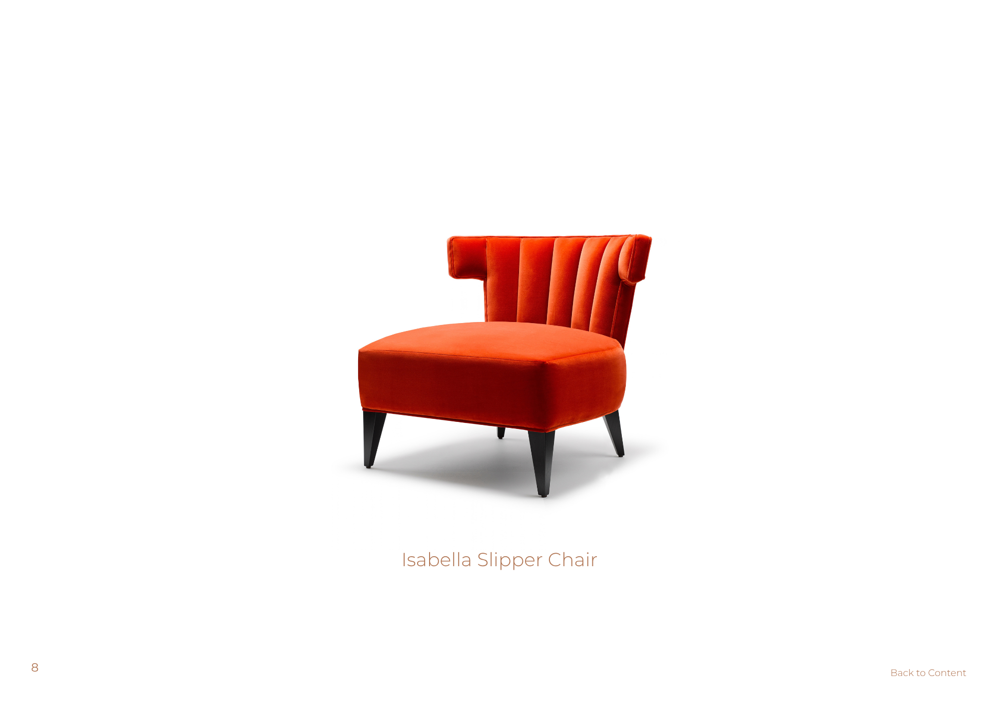 A red, upholstered accent chair with a rounded seat, vertical channel tufting on the backrest, and four black wooden legs, set against a white background.