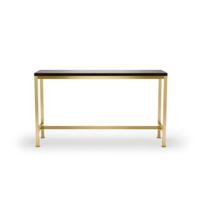 A modern console table with a black top and gold metal frame on a white background.