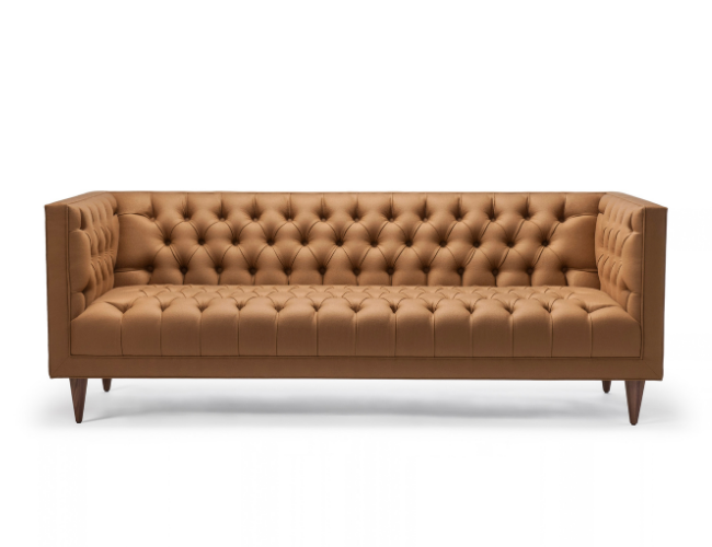 A tan tufted sofa with four angled wooden legs on a white background.