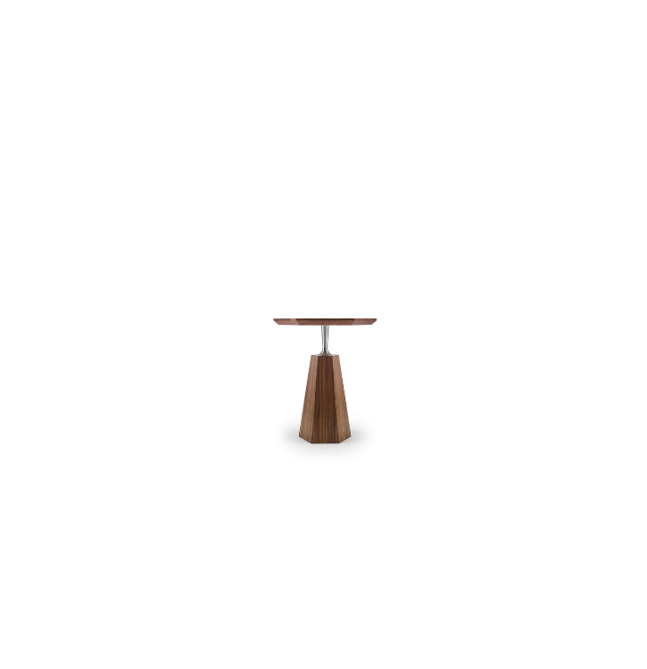 A wooden side table with a round top and a trapezoidal base, isolated on a white background.