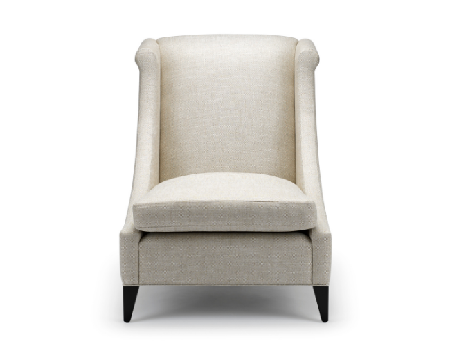 Beige upholstered armchair with dark wooden legs, front view on white background.