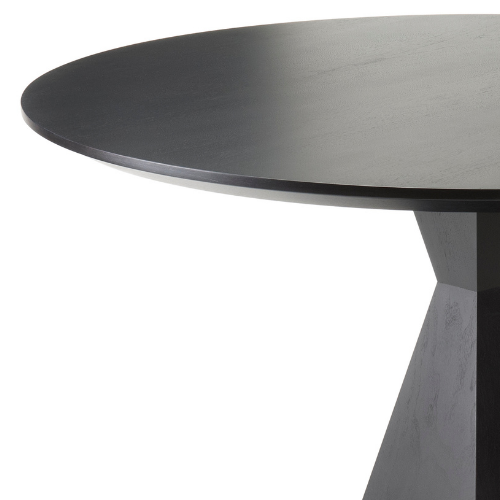 Close-up of a black round table with a single angled leg on a white background.