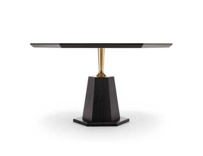 A modern black and gold table with a sleek, minimalist design.