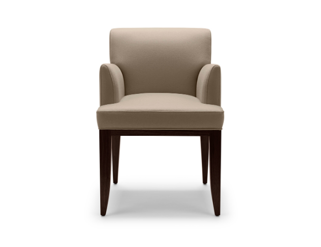 Beige upholstered armchair with wooden legs on a white background.