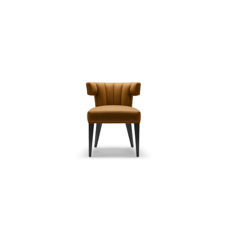 Brown upholstered armchair with black wooden legs on a plain white background.