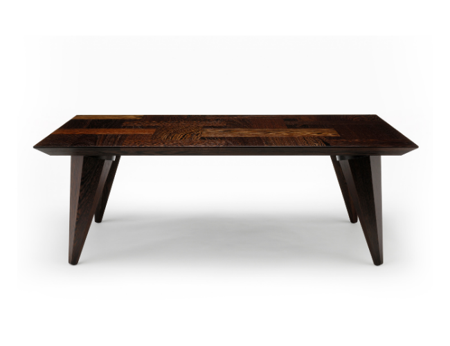 Dark wooden rectangular coffee table with angled legs on a white background.