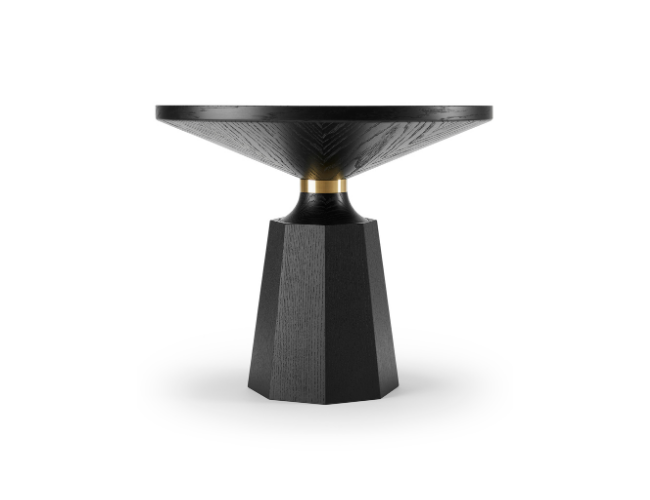 Black wooden pedestal table with a round top and a faceted base, isolated on white background.